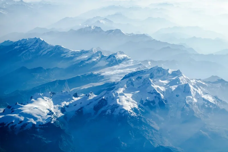 Blue glaciers and mountains.